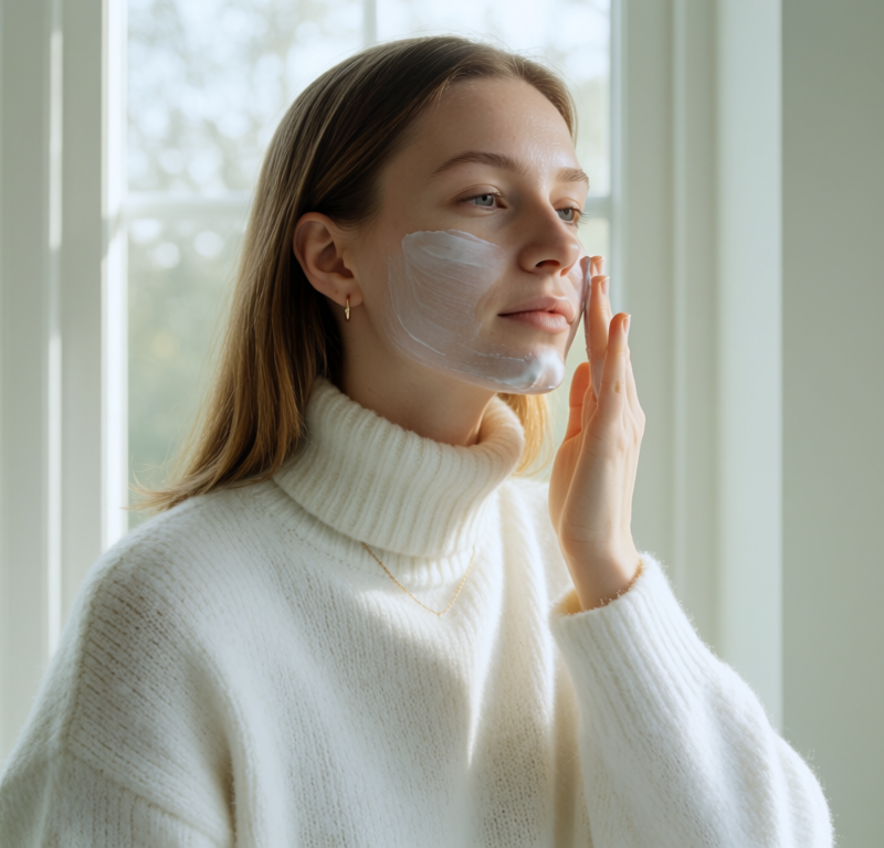 Donna che applica la protezione solare viso davanti a una finestra su sfondo verde pastello