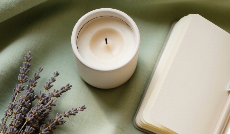 Oggetti relax per ridurre lo stress a casa: candela, tisana e lavanda su tessuto verde