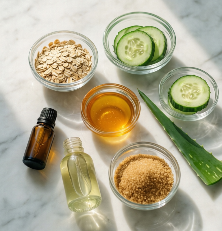 Ingredienti naturali per skincare fai da te su marmo bianco