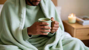 Routine serale rilassante con tisana e candela per ridurre lo stress prima di dormire