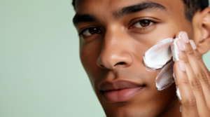 Uomo che applica la protezione solare viso nella routine mattutina su sfondo verde pastello
