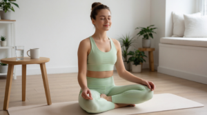 Donna pratica respirazione e mindfulness per ridurre lo stress mentale