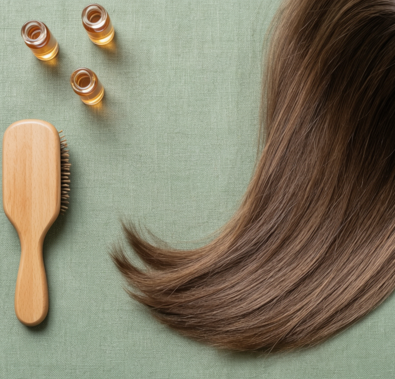 capelli castani su superficie in lino con spazzola in legno — caduta capelli cause