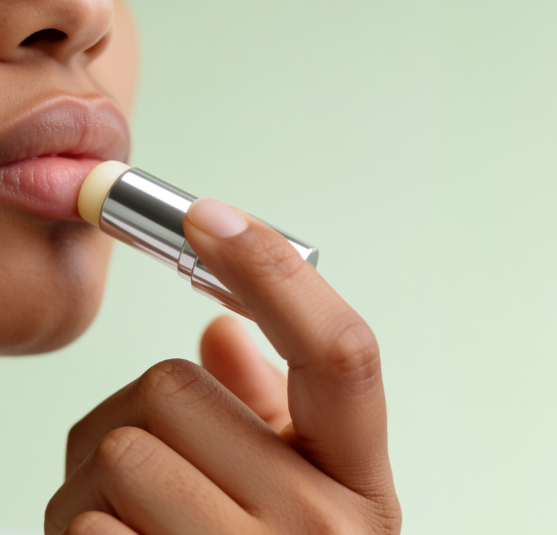 donna che applica balsamo labbra