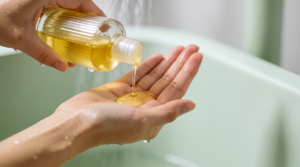 olio detergente viso versato sul palmo della mano