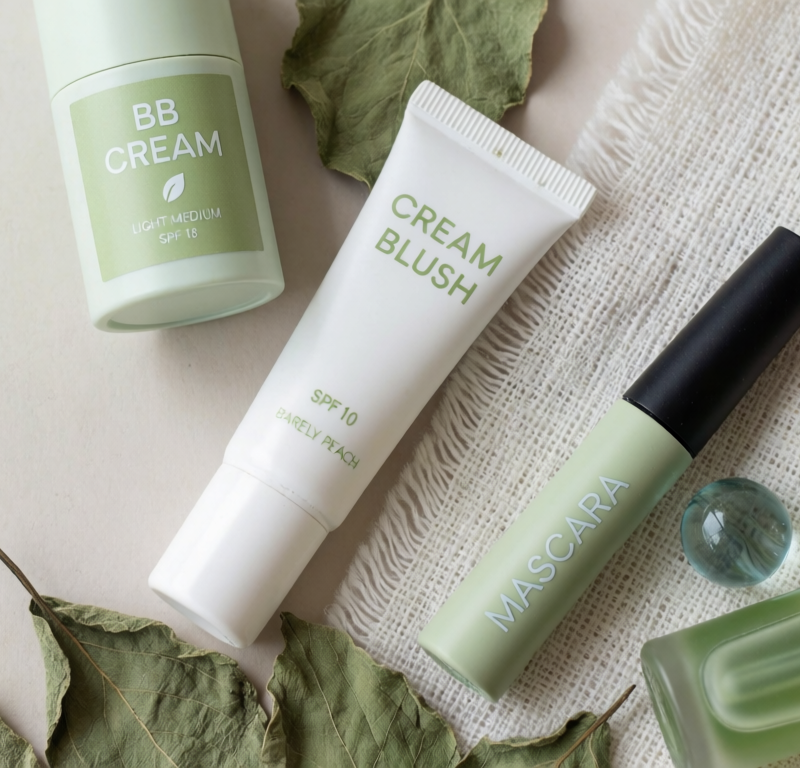 prodotti per trucco naturale su sfondo verde salvia