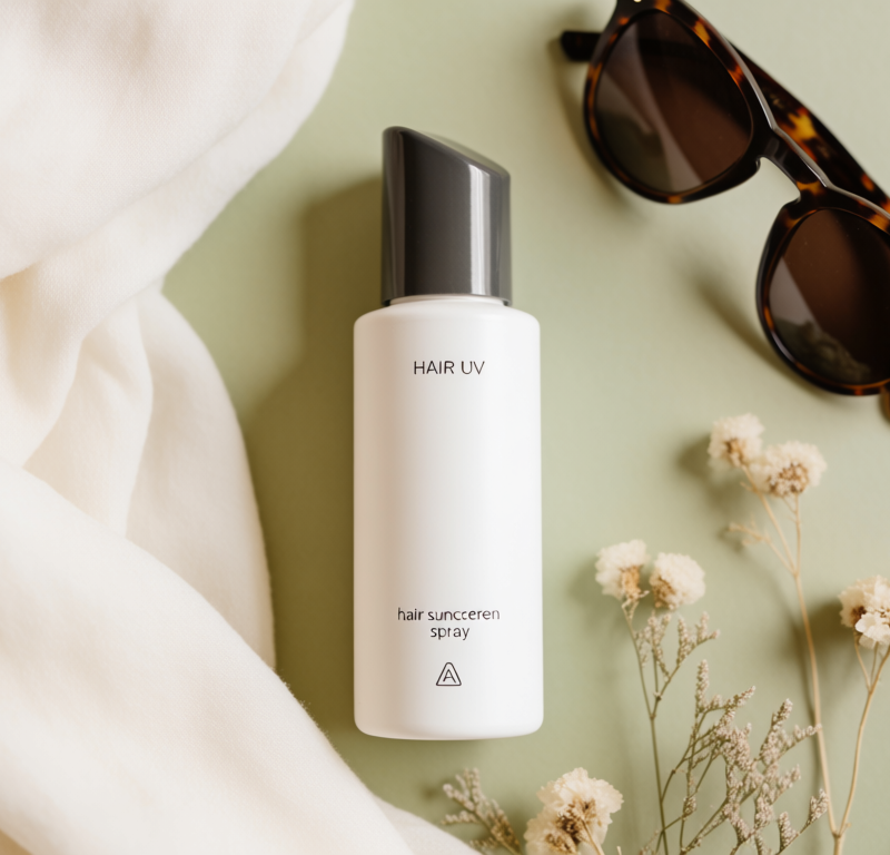 come proteggere i capelli dal sole con prodotti e accessori estivi su sfondo verde salvia