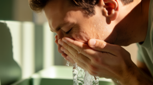 uomo risciacqua viso dopo detersione con olio