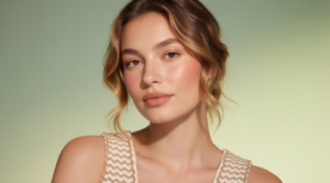 donna con trucco naturale estivo completato, incarnato luminoso, blush leggero e labbra nude