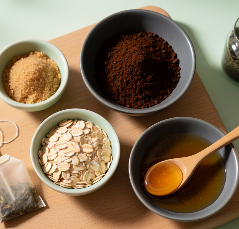 ingredienti naturali per scrub viso fai da te su superficie in legno