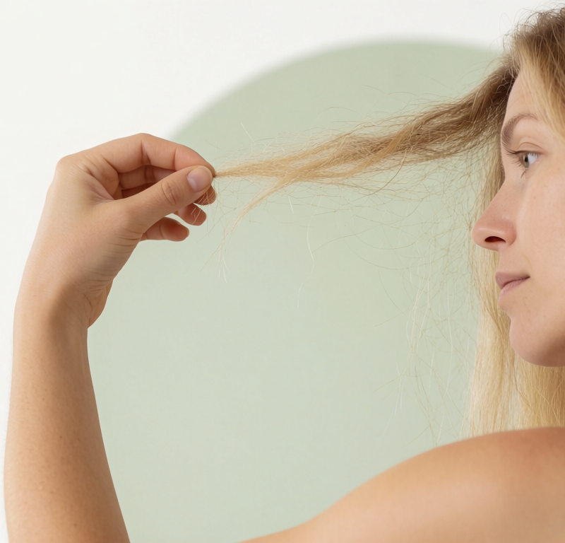 donna osserva i capelli secchi danneggiati allo specchio