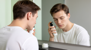 Uomo con pelle luminosa dopo skincare routine