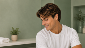 uomo con capelli castani e riflessi caldi dopo colorazione