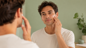 Uomo applica prodotto skincare nella routine mattutina