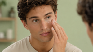 uomo applica correttamente la crema contorno occhi