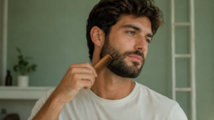 Uomo pettina la barba per completare la routine di cura