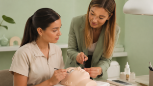 Professionista del beauty durante un corso di formazione pratico