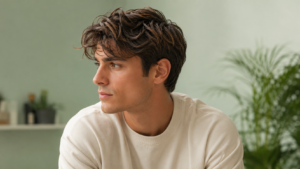 uomo con balayage capelli castani