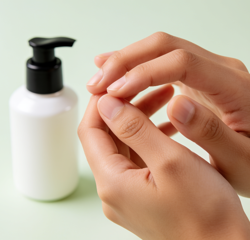 donna applica crema mani idratante su sfondo verde pastello