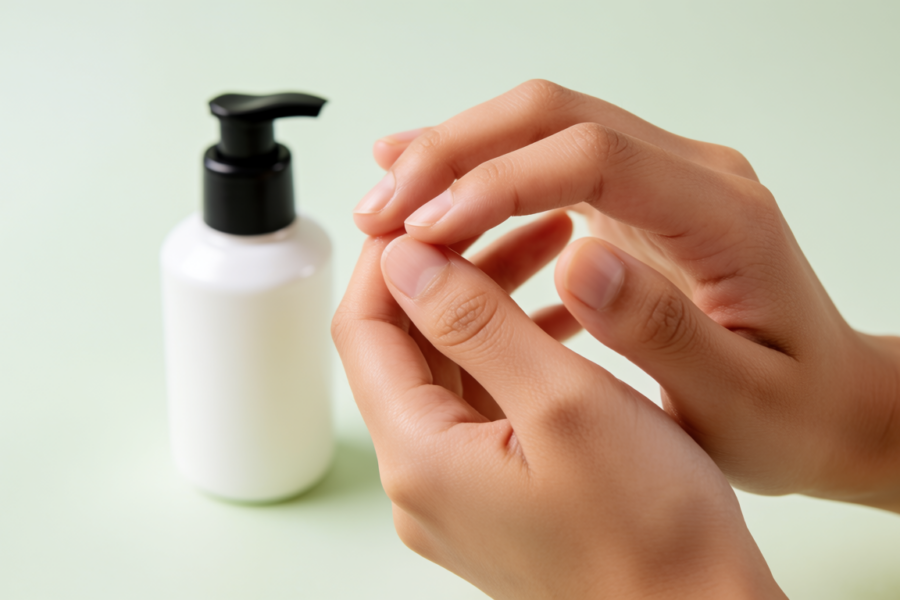 donna applica crema mani idratante su sfondo verde pastello