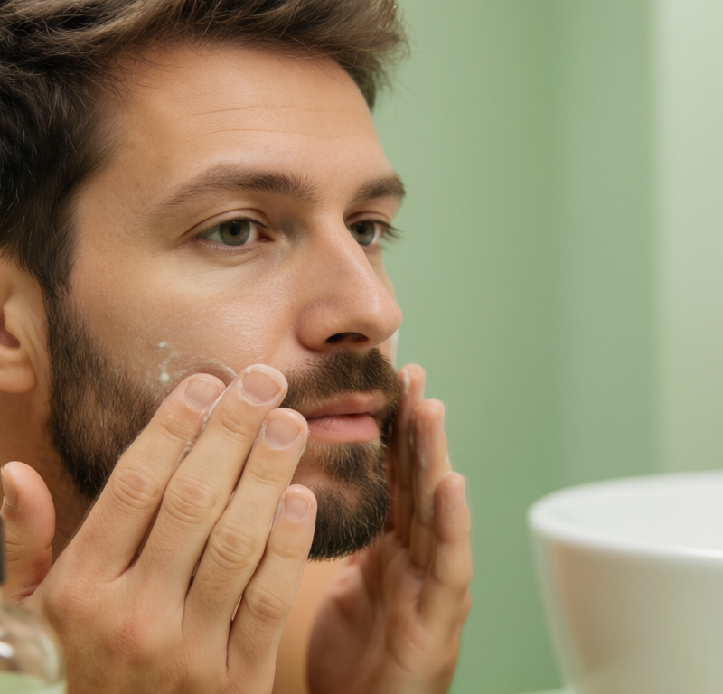 Uomo applica olio da barba durante la routine mattutina