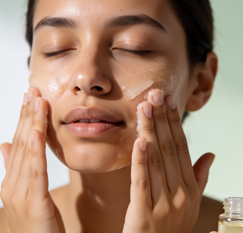 Donna applica il primo step della doppia detersione viso con un olio detergente