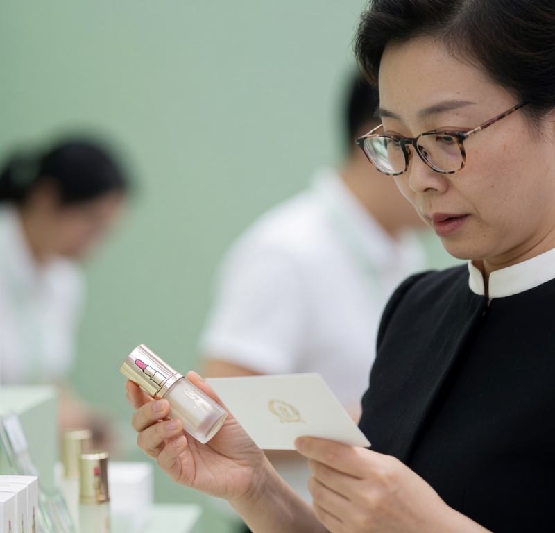 Estetista che osserva prodotti dermocosmetici a una fiera del settore
