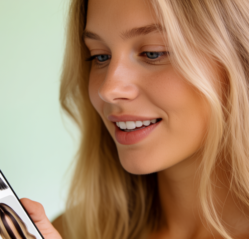 ragazza che testa un simulatore colore capelli su smartphone