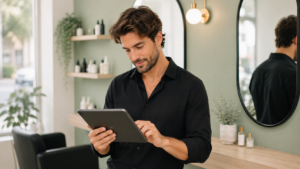 Parrucchiere che consulta il proprio portfolio fotografico su tablet