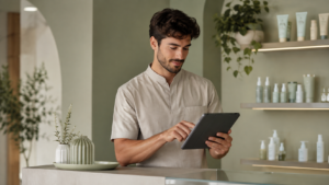 Uomo consulta il gestionale del salone su tablet alla reception