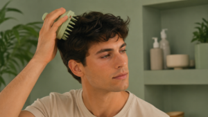 Uomo che usa un massaggiatore in silicone per il cuoio capelluto
