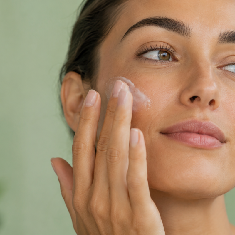 donna applica crema viso per pelle a buccia d'arancia
