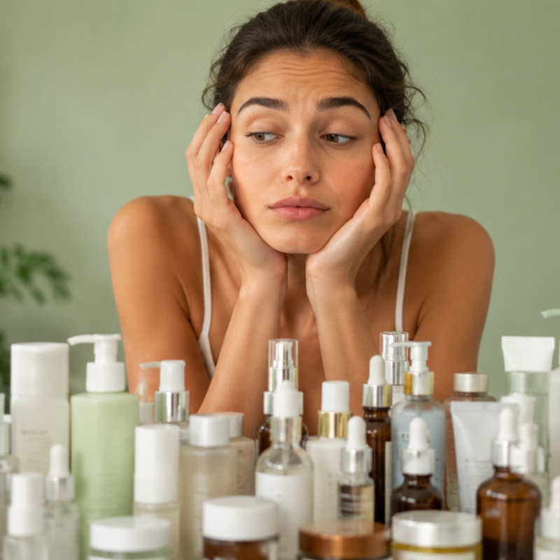 troppi prodotti skincare accumulati sulla mensola