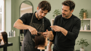 parrucchiere si esercita durante un corso di formazione in presenza