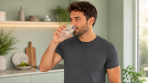 Uomo beve un bicchiere d'acqua per l'idratazione della pelle