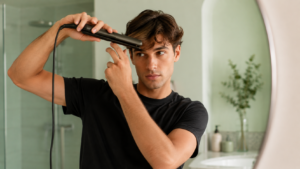 Uomo che usa la piastra per una piega capelli duratura