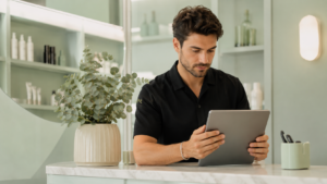 professionista consulta il listino prezzi su tablet in salone