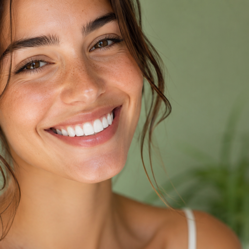 Donna sorridente con denti sani e bianchi su sfondo verde pastello
