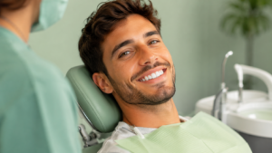 Uomo sorridente durante un controllo dal dentista