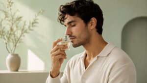 uomo annusa una boccetta di profumo