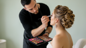 Truccatore al lavoro per un trucco sposa