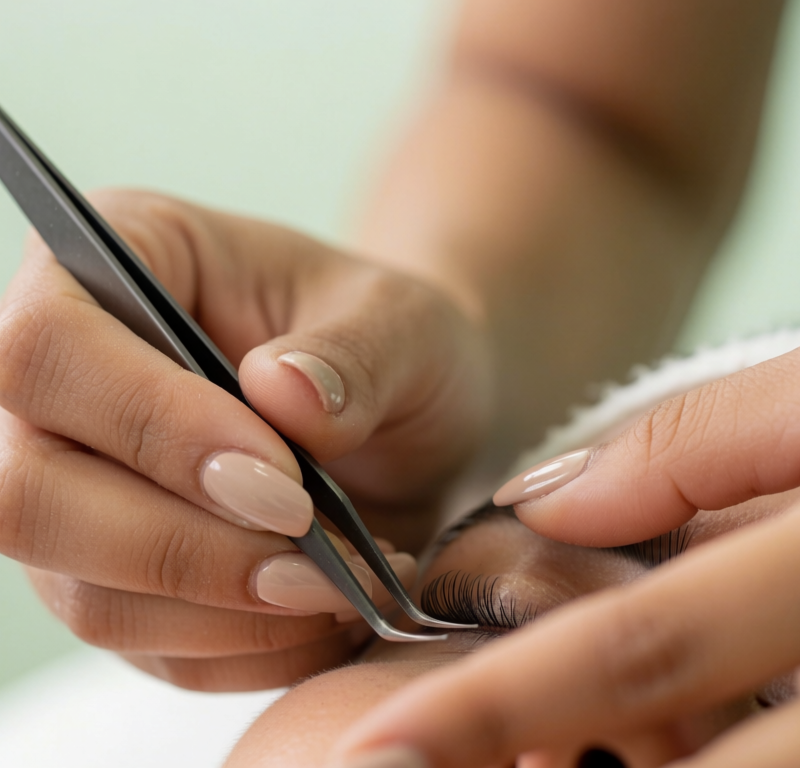 estetista applica extension ciglia a una cliente in salone