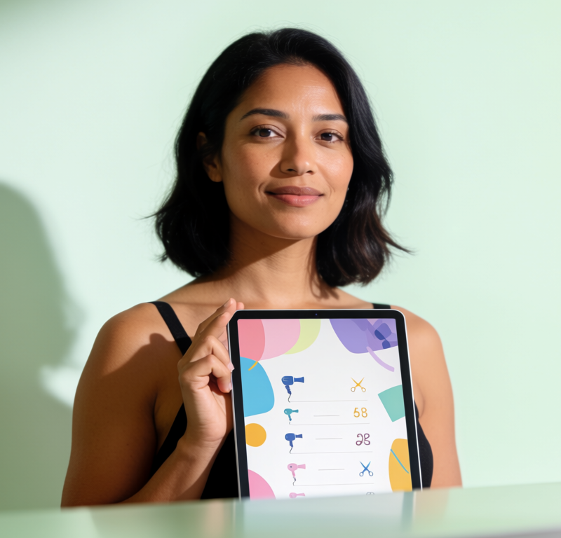 Estetista controlla il listino prezzi del salone su tablet