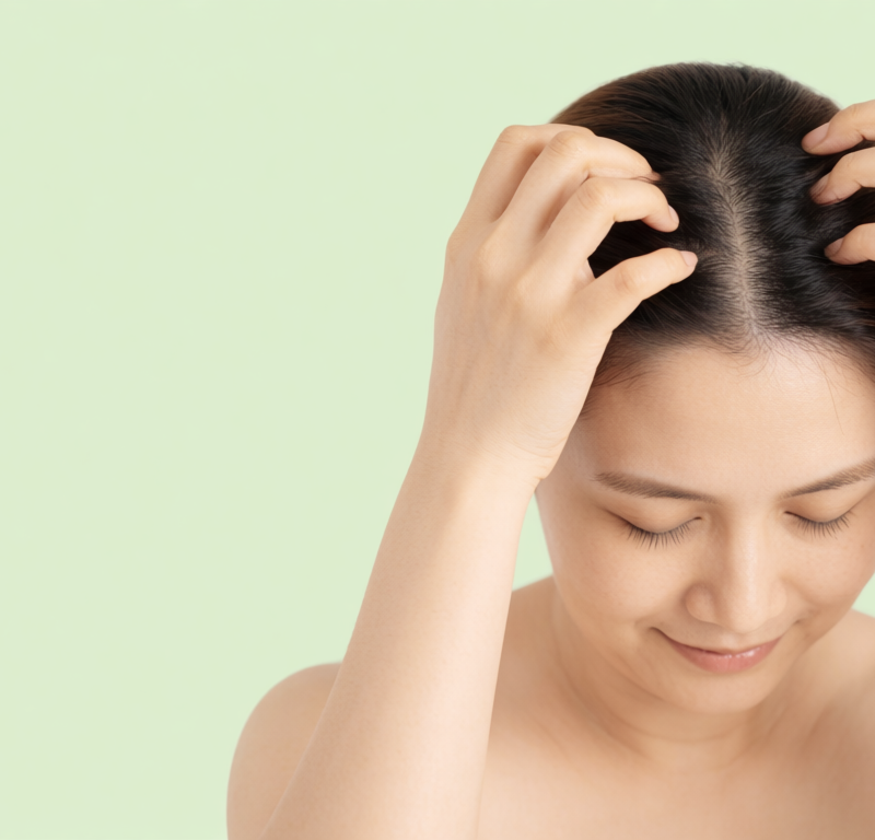 Donna che si massaggia il cuoio capelluto con le dita