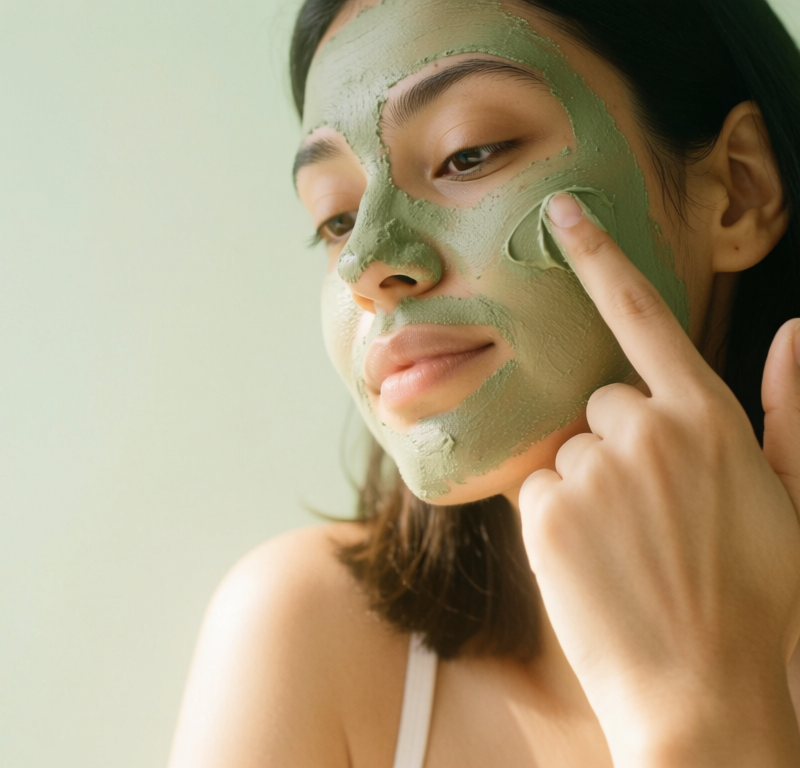 Donna applica maschera viso purificante fai da te all'argilla verde