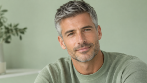 Uomo con taglio corto e capelli grigi naturali dopo la transizione