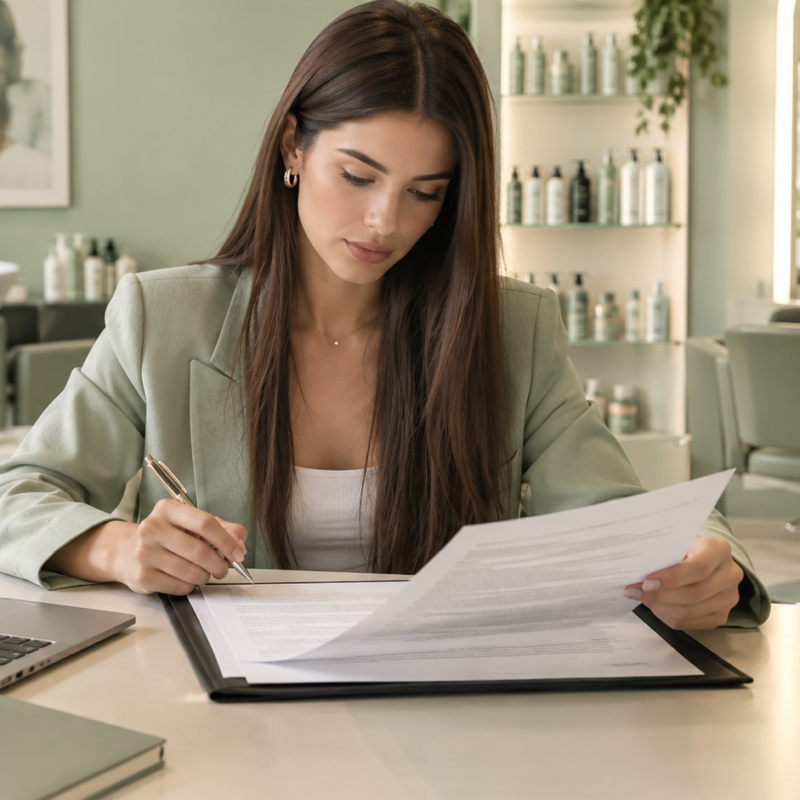 estetista che valuta un contratto di franchising per il proprio centro