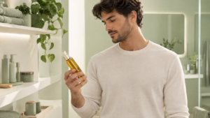 uomo con boccetta di olio smagliature in un ambiente bagno minimal