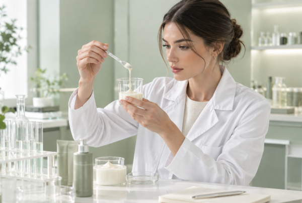 cosmetologa al lavoro in laboratorio cosmetico