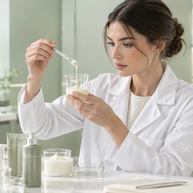 cosmetologa al lavoro in laboratorio cosmetico